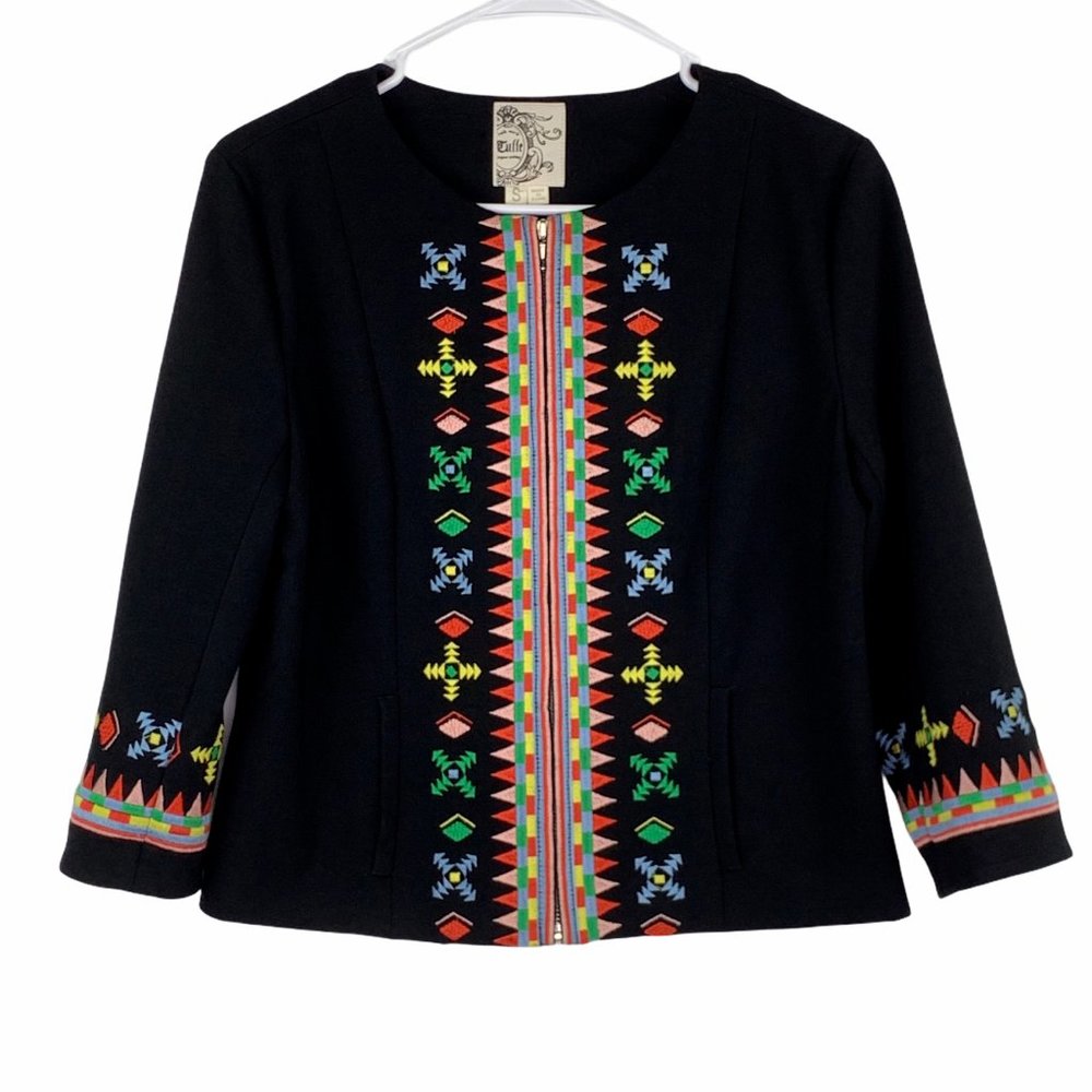 Tulle Black Cropped 3/4 Sleeve Embroidered Jacket
